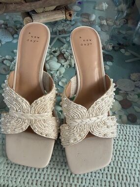 a new day Cream Braided Pearl-Embellished Slide Mules
